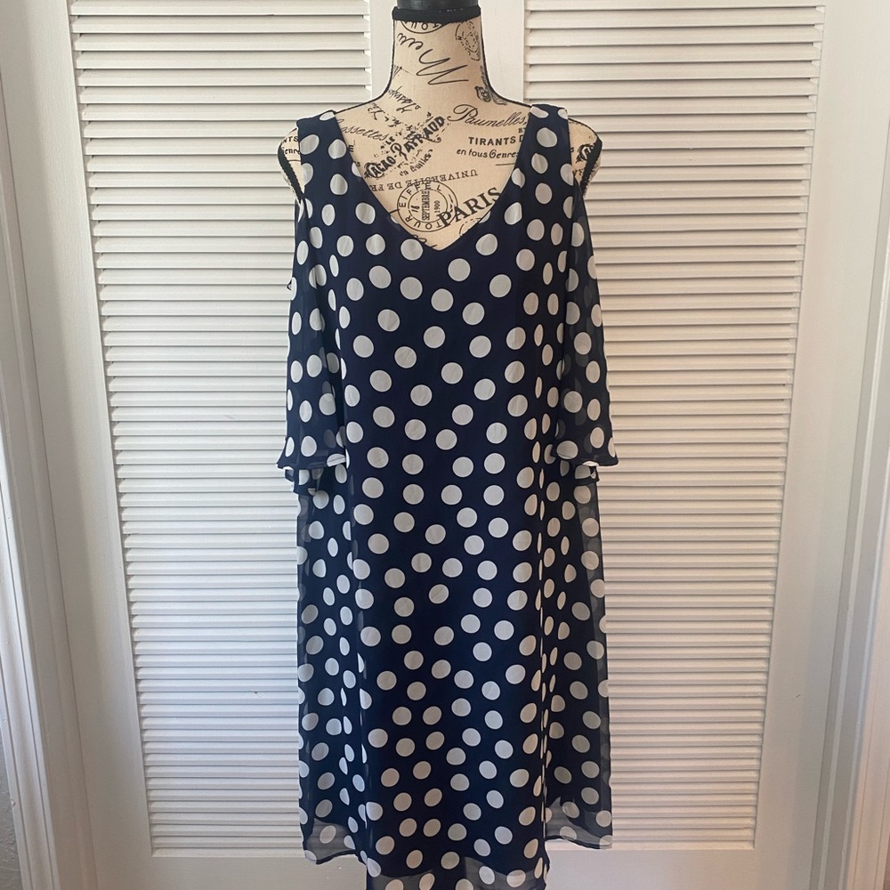 Women’s navy and white polka dot dress, size 10
